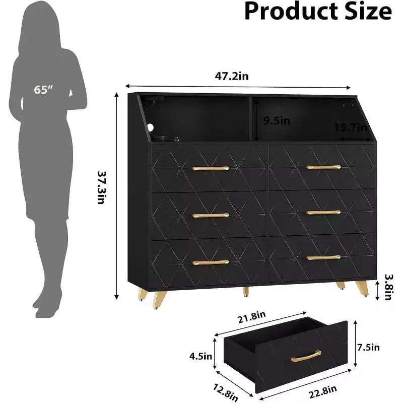 Commode moderne à 6 tiroirs avec lumières LED pour placard, meuble TV, salon, entrée