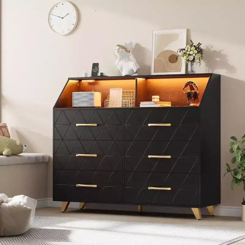 Commode moderne à 6 tiroirs avec lumières LED pour placard, meuble TV, salon, entrée