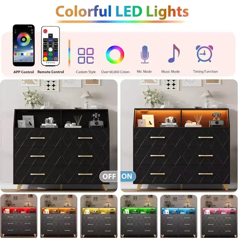 Commode moderne à 6 tiroirs avec lumières LED pour placard, meuble TV, salon, entrée