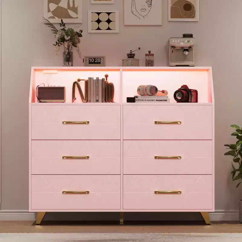 Commode moderne à 6 tiroirs avec lumières LED pour placard, meuble TV, salon, entrée