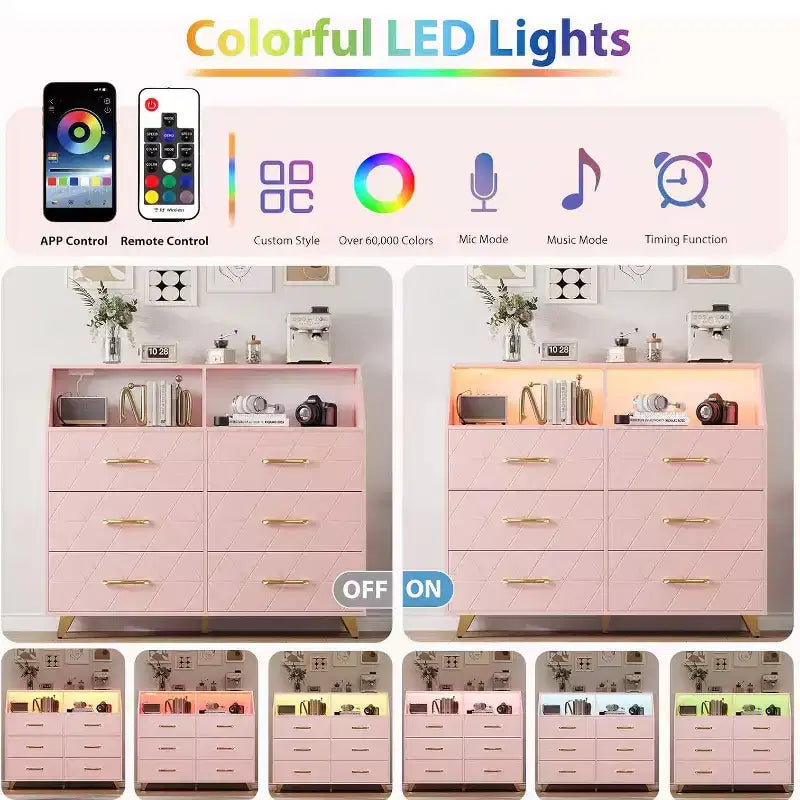 Commode moderne à 6 tiroirs avec lumières LED pour placard, meuble TV, salon, entrée