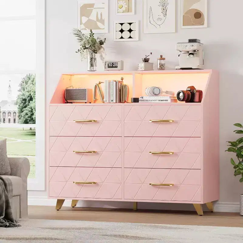 Commode moderne à 6 tiroirs avec lumières LED pour placard, meuble TV, salon, entrée