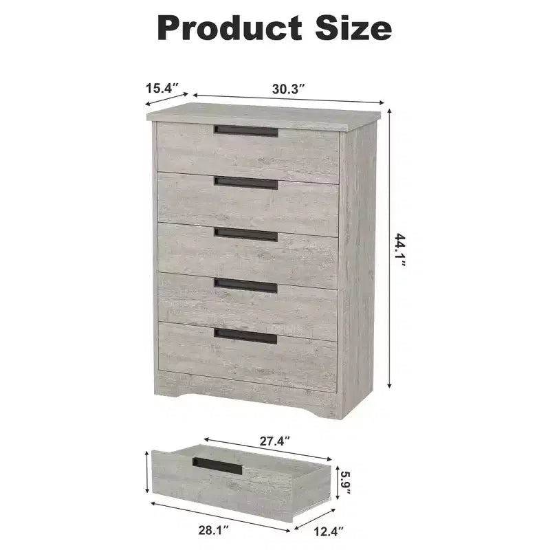 Commode à 5 tiroirs pour chambre à coucher, commode grise avec poignées encastrées, meuble de rangement en bois pour salon, chambre d'enfant, couloir et entrée