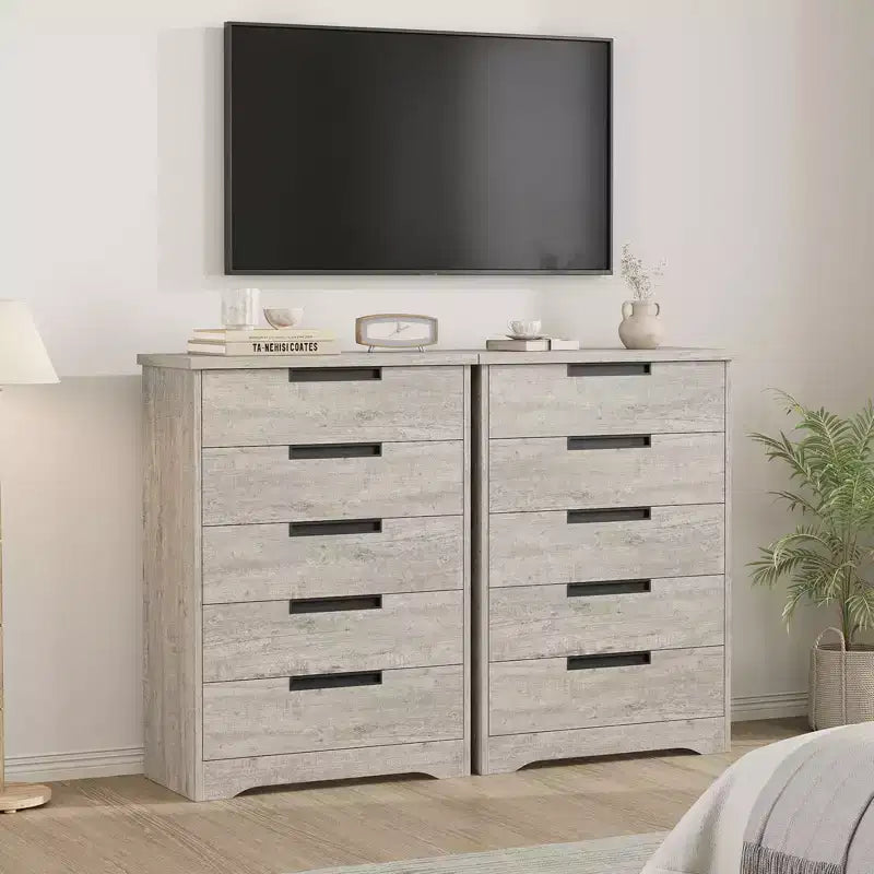 Commode à 5 tiroirs pour chambre à coucher, commode grise avec poignées encastrées, meuble de rangement en bois pour salon, chambre d'enfant, couloir et entrée