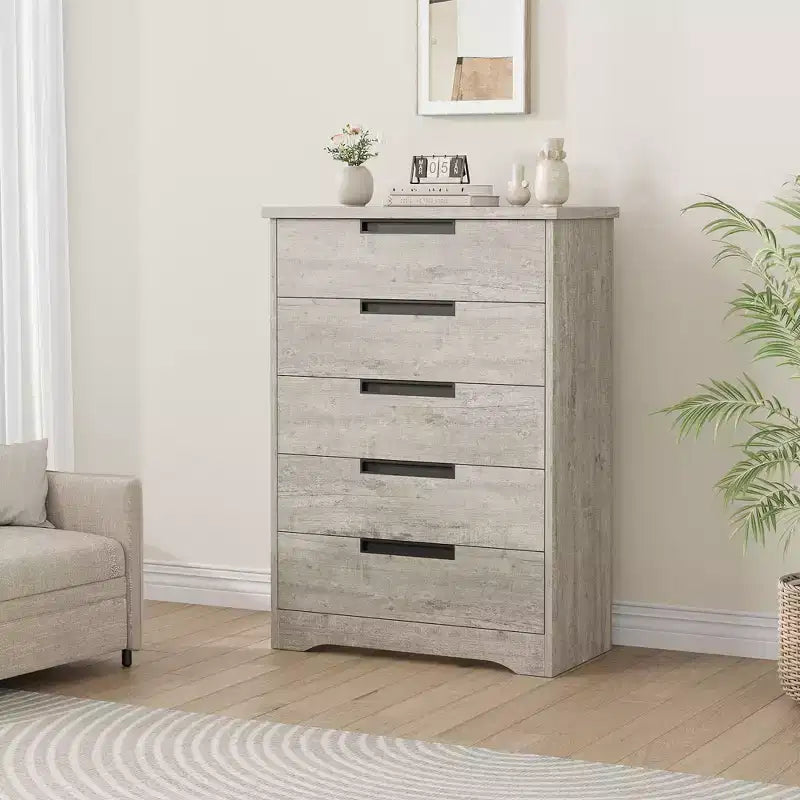 Commode à 5 tiroirs pour chambre à coucher, commode grise avec poignées encastrées, meuble de rangement en bois pour salon, chambre d'enfant, couloir et entrée