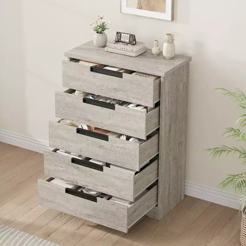 Commode à 5 tiroirs pour chambre à coucher, commode grise avec poignées encastrées, meuble de rangement en bois pour salon, chambre d'enfant, couloir et entrée