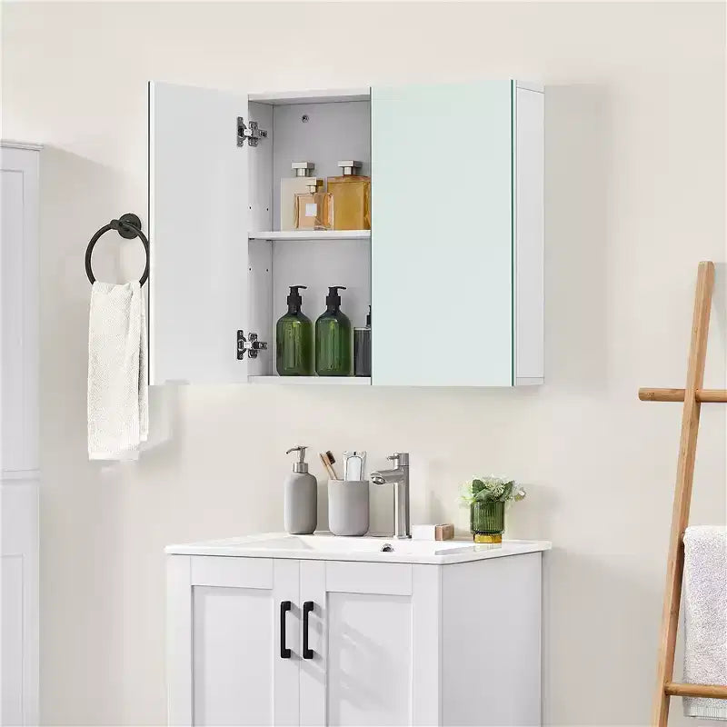 Armoire de toilette sans cadre avec deux portes miroir et une étagère réglable