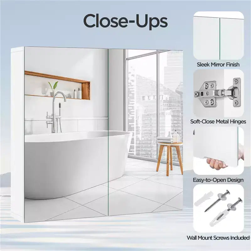 Armoire de toilette sans cadre avec deux portes miroir et une étagère réglable
