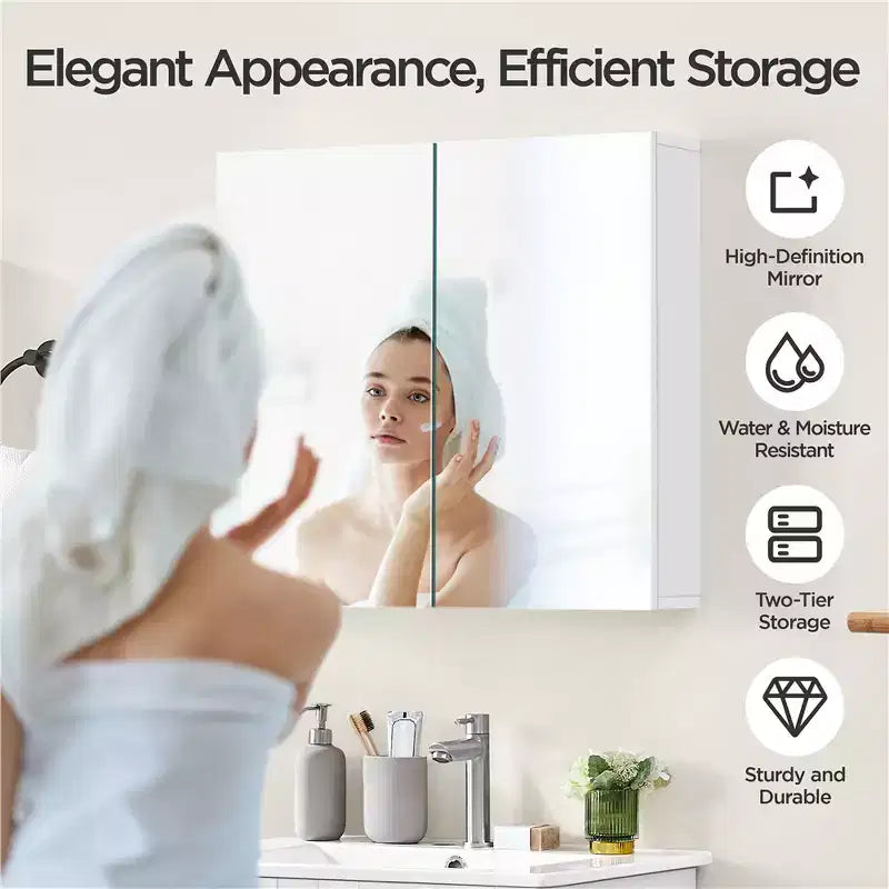 Armoire de toilette sans cadre avec deux portes miroir et une étagère réglable