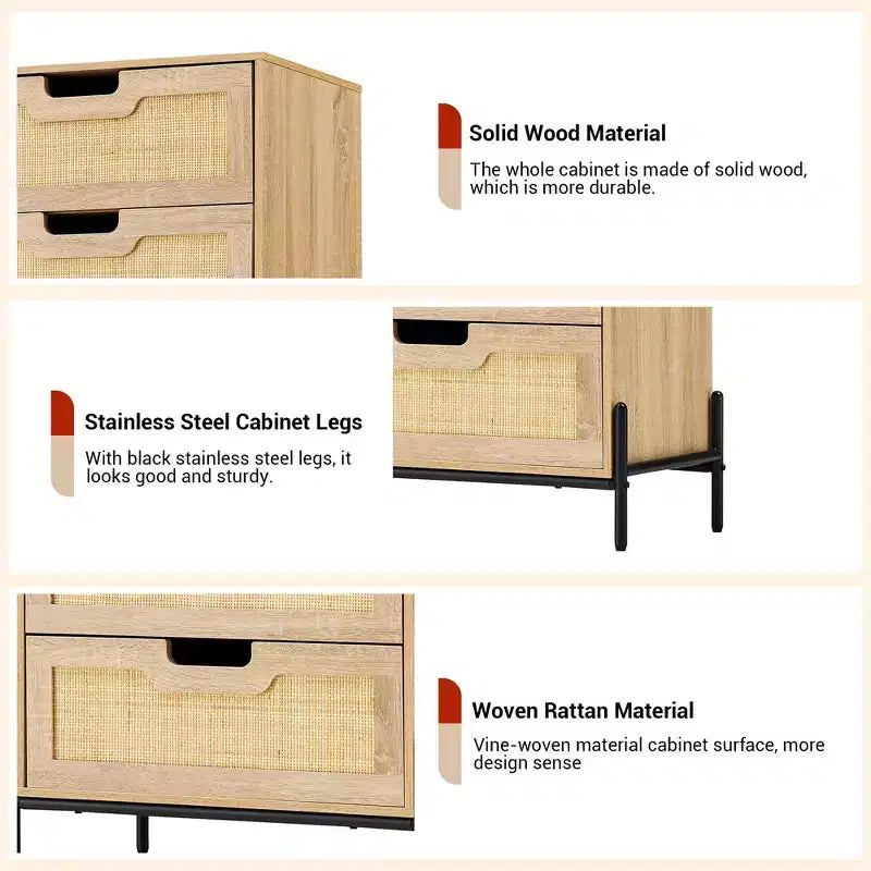 Commode en rotin naturel, Commode en bois, Armoire de rangement de style ferme, Commode de chambre