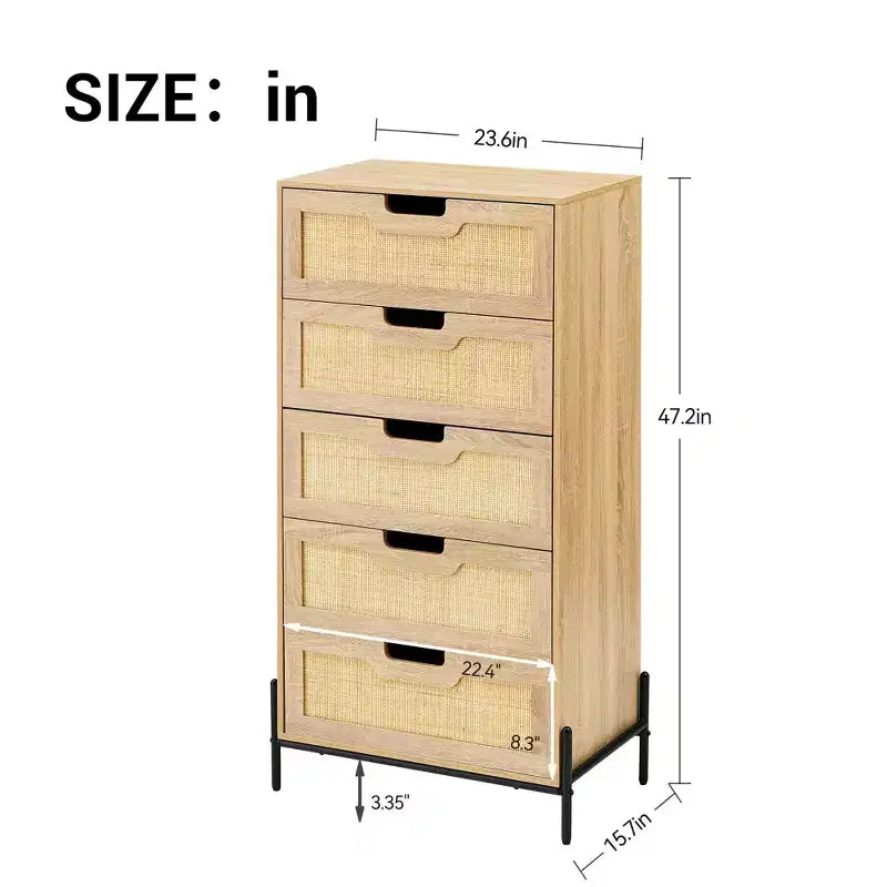 Commode en rotin naturel, Commode en bois, Armoire de rangement de style ferme, Commode de chambre