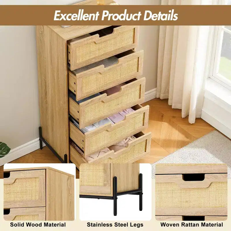 Commode en rotin naturel, Commode en bois, Armoire de rangement de style ferme, Commode de chambre