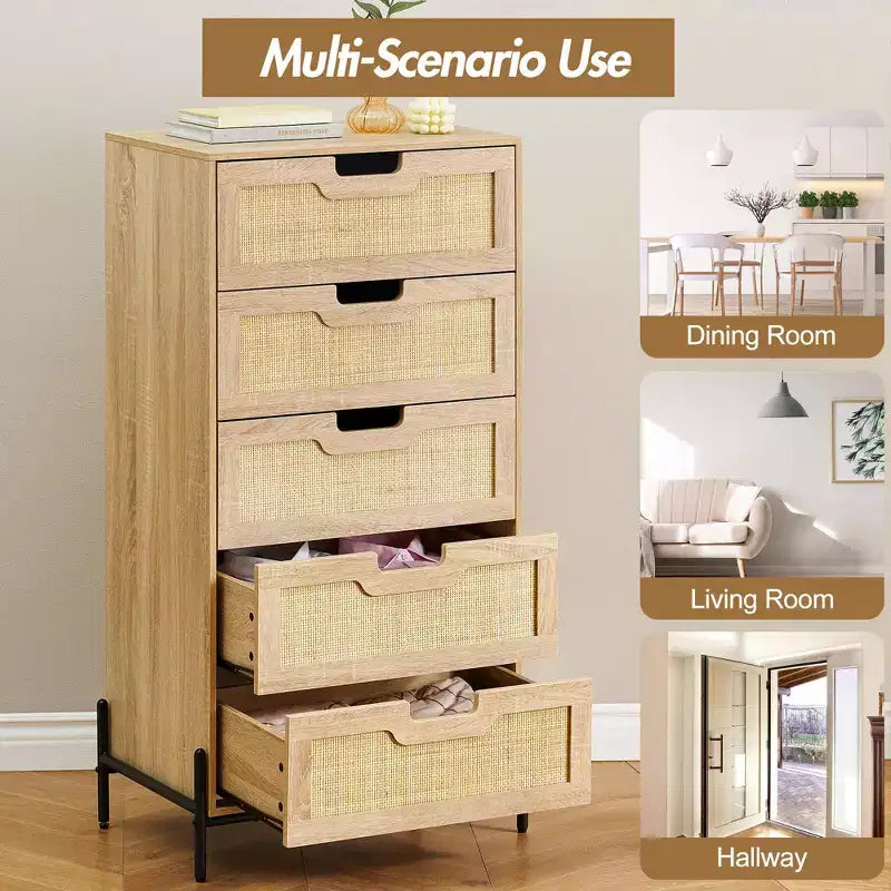 Commode en rotin naturel, Commode en bois, Armoire de rangement de style ferme, Commode de chambre