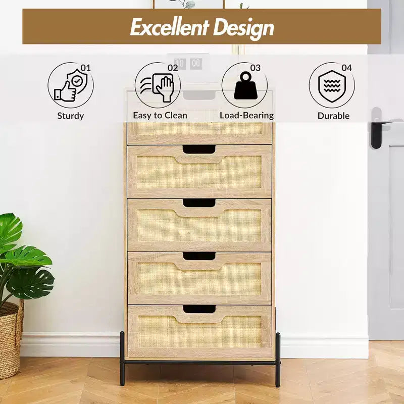 Commode en rotin naturel, Commode en bois, Armoire de rangement de style ferme, Commode de chambre