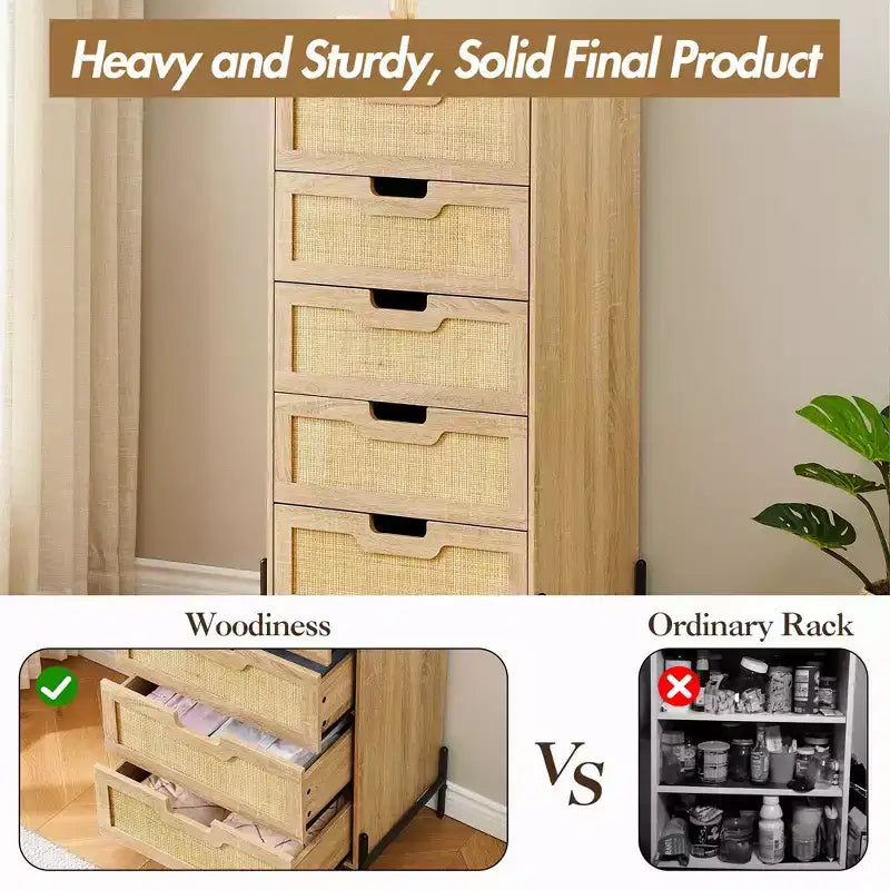 Commode en rotin naturel, Commode en bois, Armoire de rangement de style ferme, Commode de chambre
