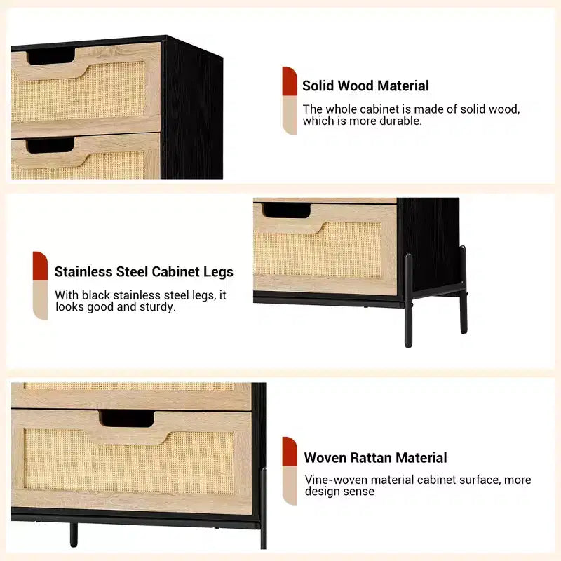 Commode en rotin naturel, Commode en bois, Armoire de rangement de style ferme, Commode de chambre