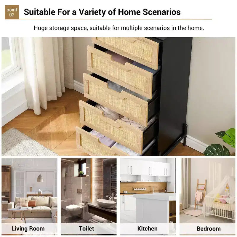 Commode en rotin naturel, Commode en bois, Armoire de rangement de style ferme, Commode de chambre