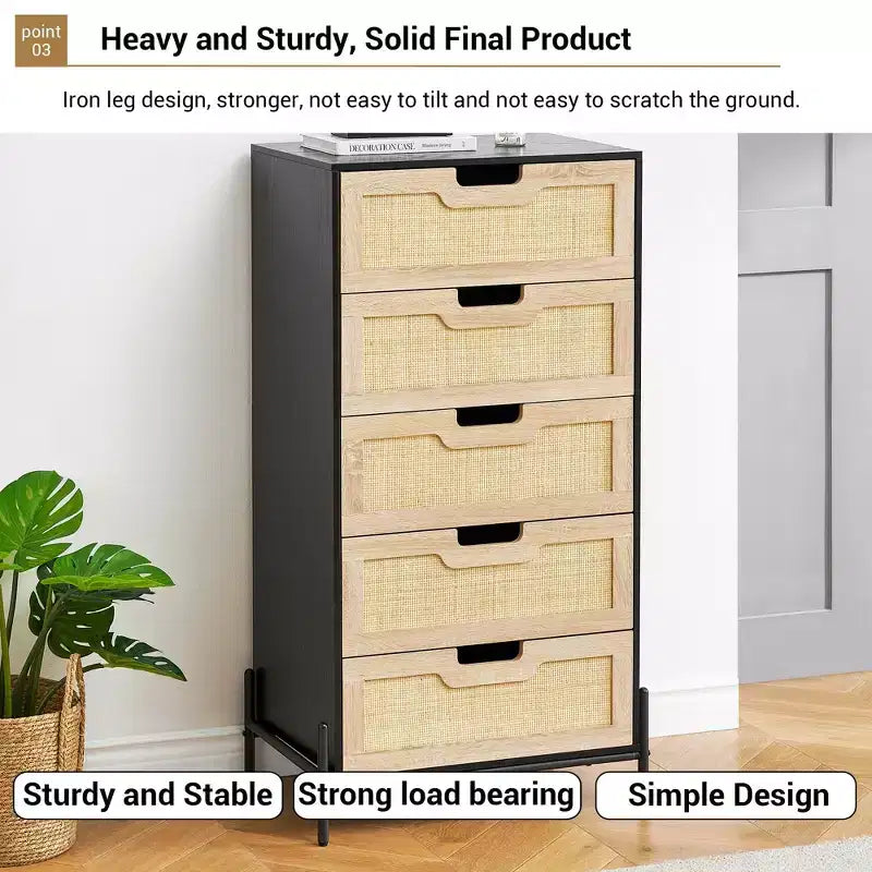 Commode en rotin naturel, Commode en bois, Armoire de rangement de style ferme, Commode de chambre