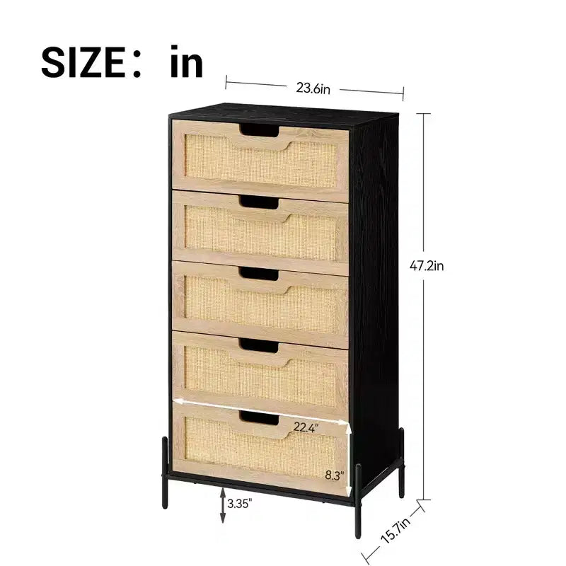 Commode en rotin naturel, Commode en bois, Armoire de rangement de style ferme, Commode de chambre