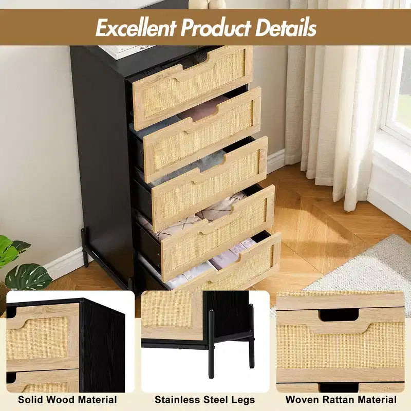Commode en rotin naturel, Commode en bois, Armoire de rangement de style ferme, Commode de chambre