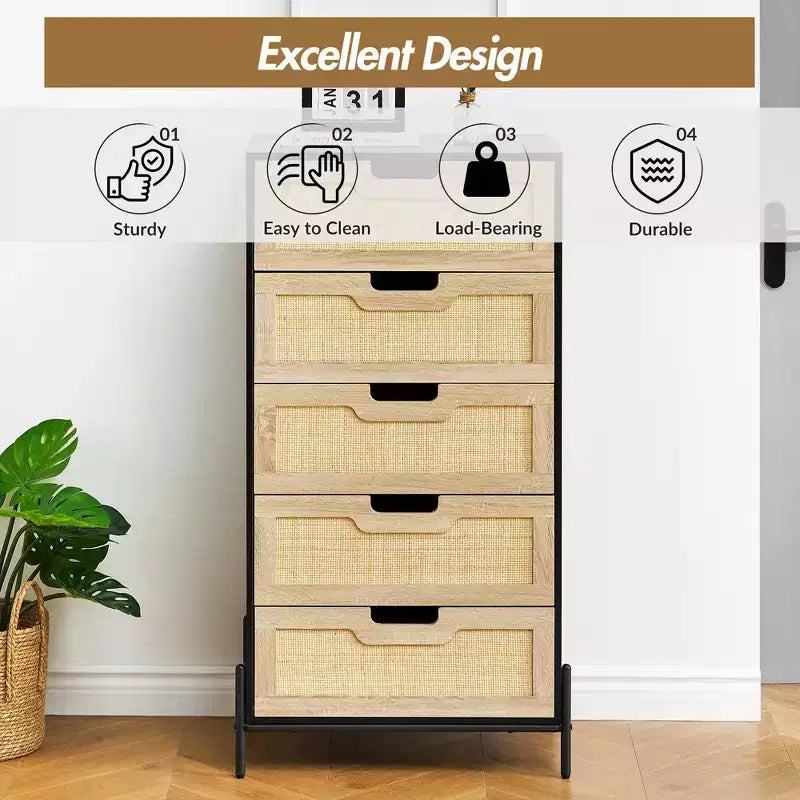 Commode en rotin naturel, Commode en bois, Armoire de rangement de style ferme, Commode de chambre