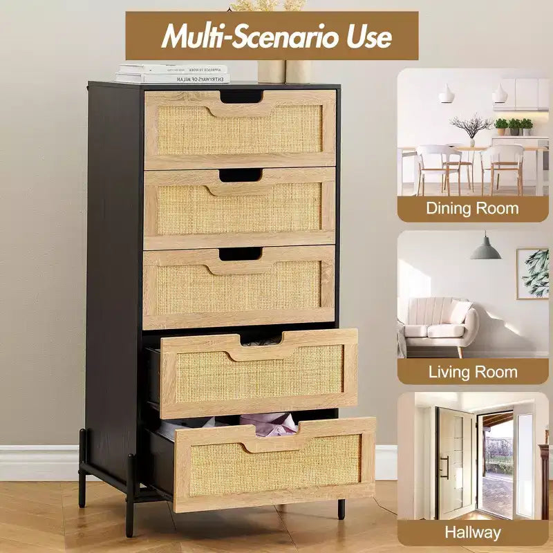 Commode en rotin naturel, Commode en bois, Armoire de rangement de style ferme, Commode de chambre
