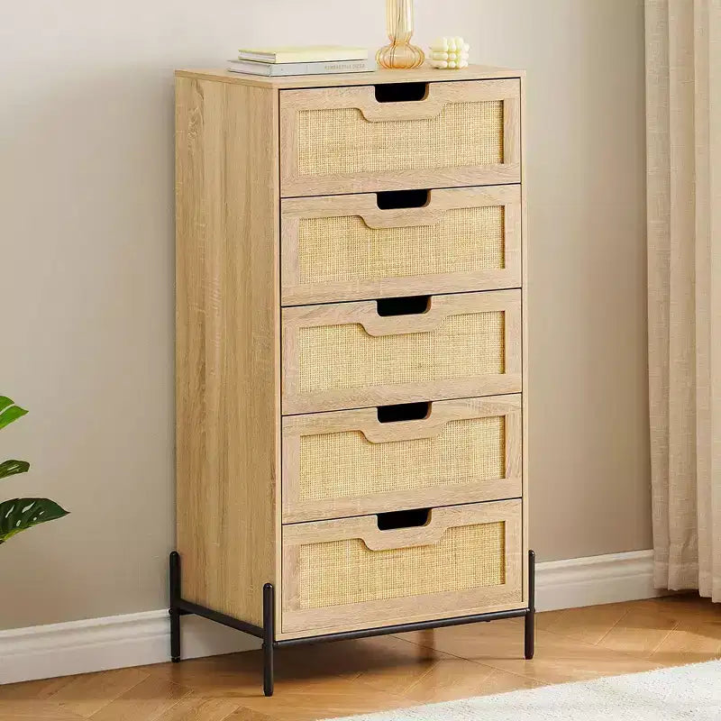 Commode en rotin naturel, Commode en bois, Armoire de rangement de style ferme, Commode de chambre