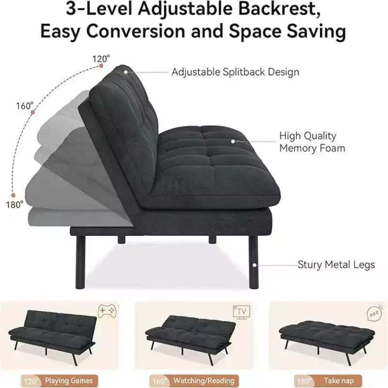Canapé futon 173 cm avec dossier réglable et design pliable, canapé convertible pour petits espaces, salon, appartement, bureau