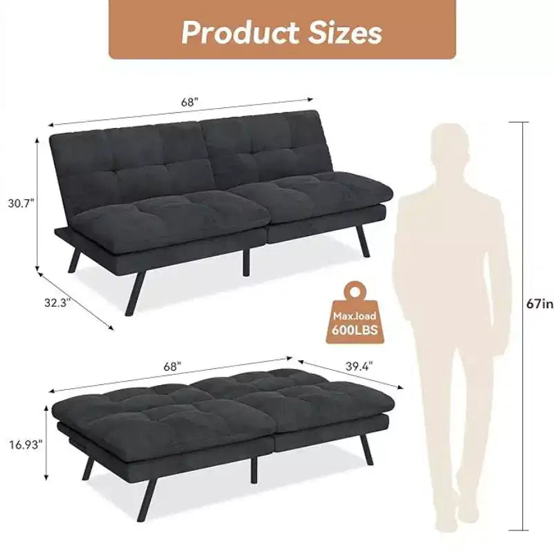 Canapé futon 173 cm avec dossier réglable et design pliable, canapé convertible pour petits espaces, salon, appartement, bureau