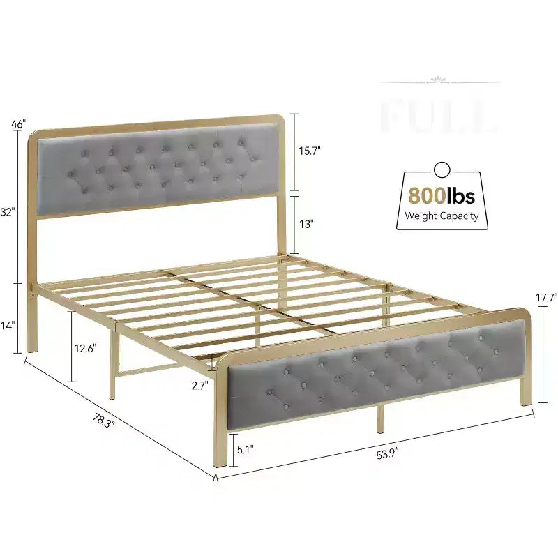 Cadre de lit entièrement capitonné Golden avec tête de lit capitonnée à boutons - Métal robuste, 32 cm de rangement, sommier tapissier non requis, montage facile (Gris)