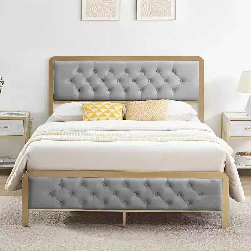 Cadre de lit entièrement capitonné Golden avec tête de lit capitonnée à boutons - Métal robuste, 32 cm de rangement, sommier tapissier non requis, montage facile (Gris)