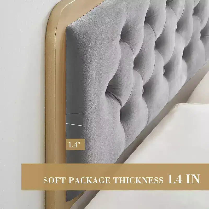Cadre de lit entièrement capitonné Golden avec tête de lit capitonnée à boutons - Métal robuste, 32 cm de rangement, sommier tapissier non requis, montage facile (Gris)