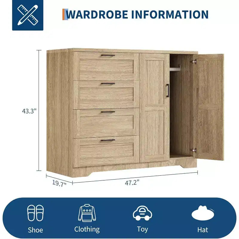 Armoire 2 portes, meuble de rangement avec 4 tiroirs et tringle à vêtements