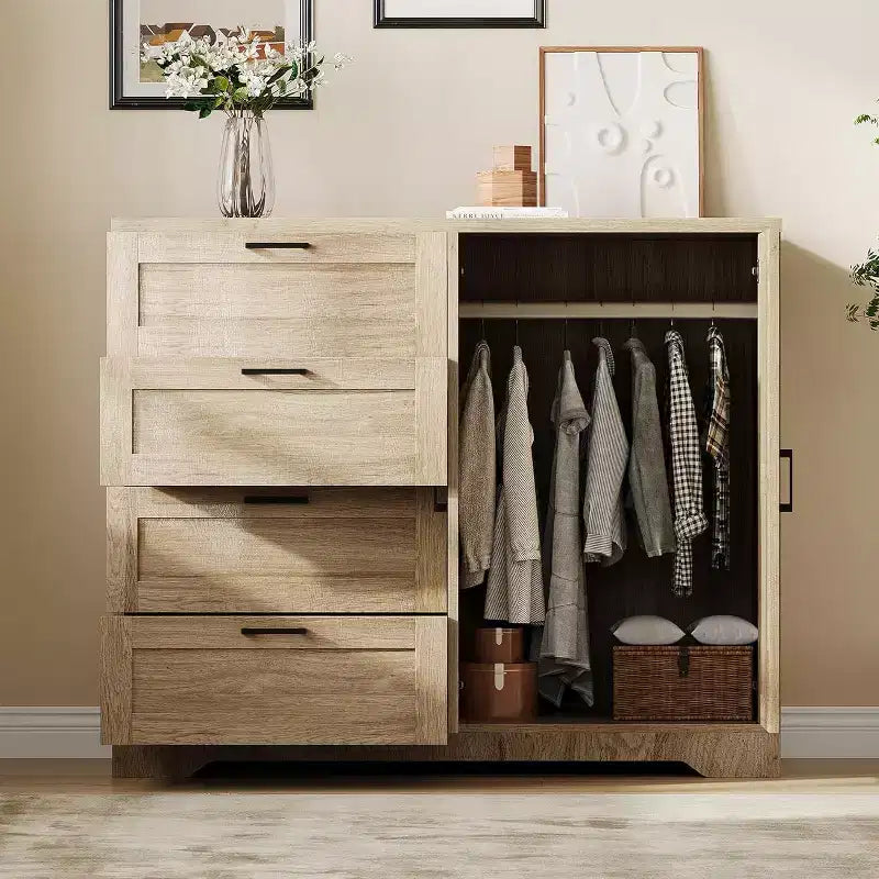Armoire 2 portes, meuble de rangement avec 4 tiroirs et tringle à vêtements