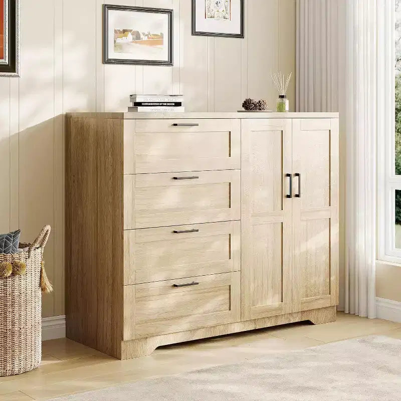 Armoire 2 portes, meuble de rangement avec 4 tiroirs et tringle à vêtements