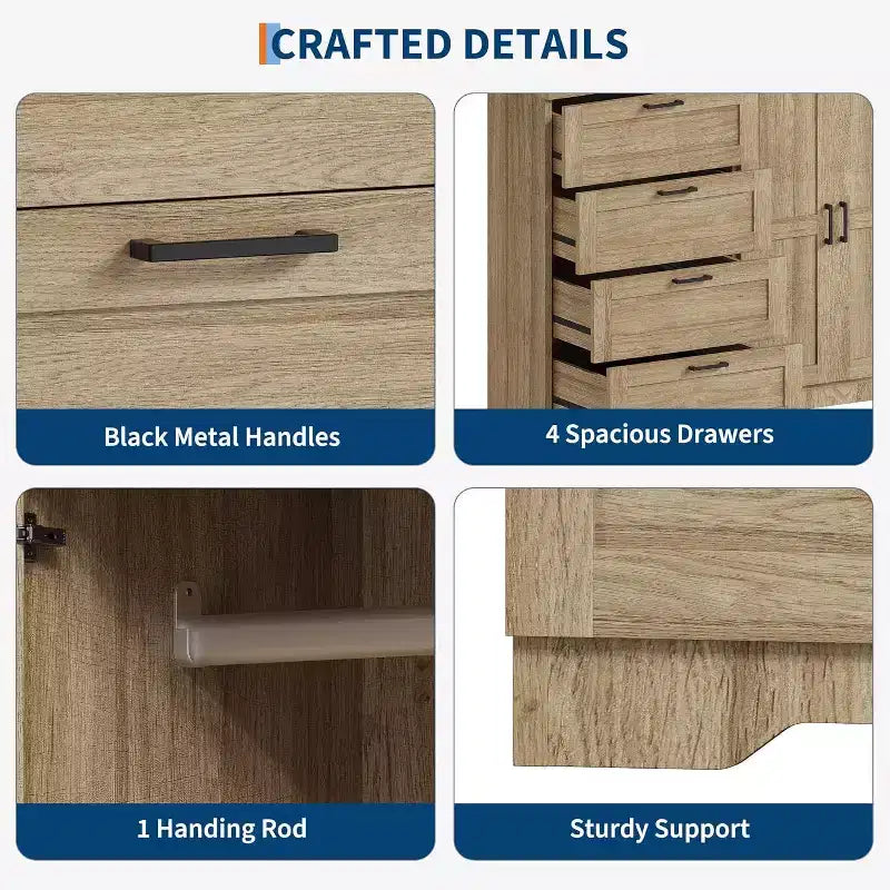 Armoire 2 portes, meuble de rangement avec 4 tiroirs et tringle à vêtements