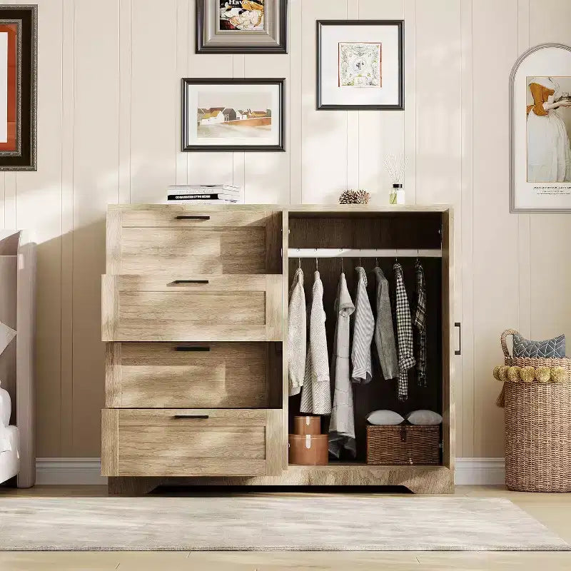 Armoire 2 portes, meuble de rangement avec 4 tiroirs et tringle à vêtements