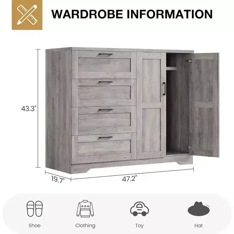 Armoire 2 portes, meuble de rangement avec 4 tiroirs et tringle à vêtements