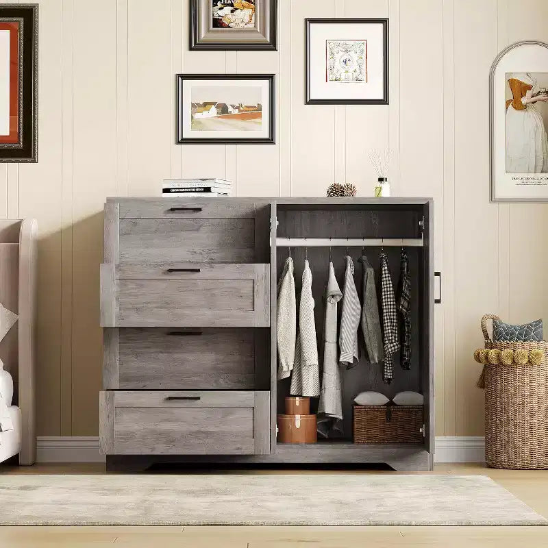 Armoire 2 portes, meuble de rangement avec 4 tiroirs et tringle à vêtements