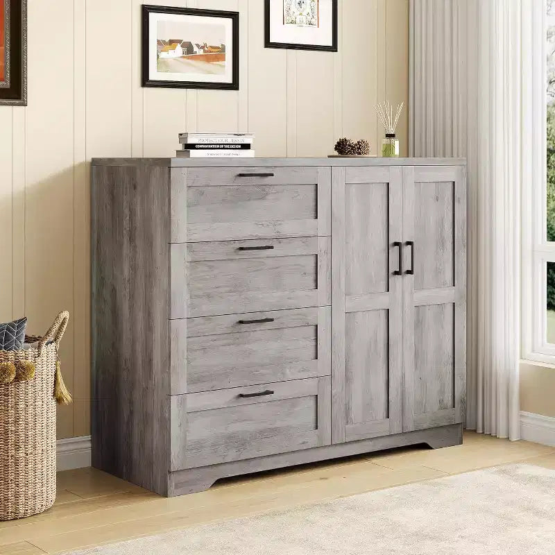 Armoire 2 portes, meuble de rangement avec 4 tiroirs et tringle à vêtements
