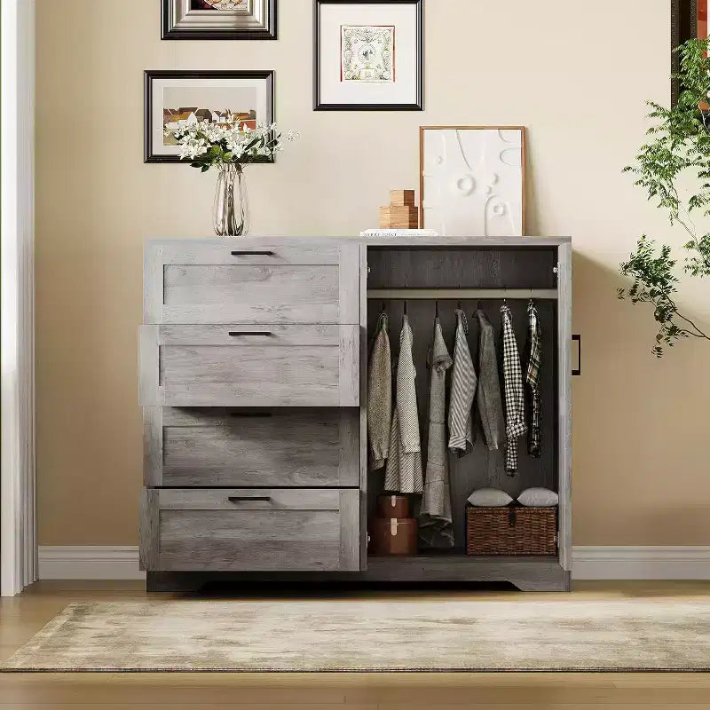 Armoire 2 portes, meuble de rangement avec 4 tiroirs et tringle à vêtements