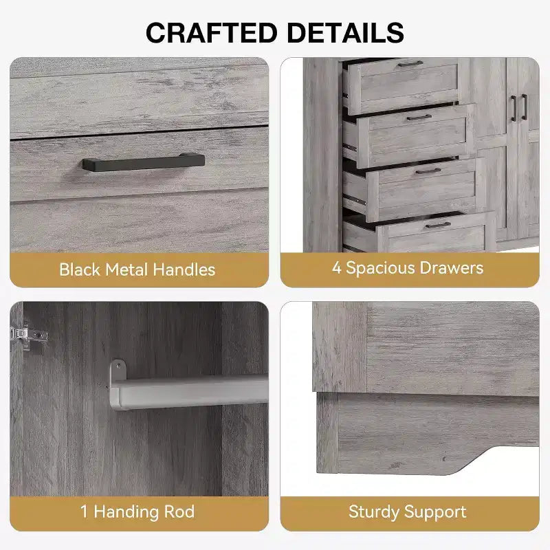 Armoire 2 portes, meuble de rangement avec 4 tiroirs et tringle à vêtements