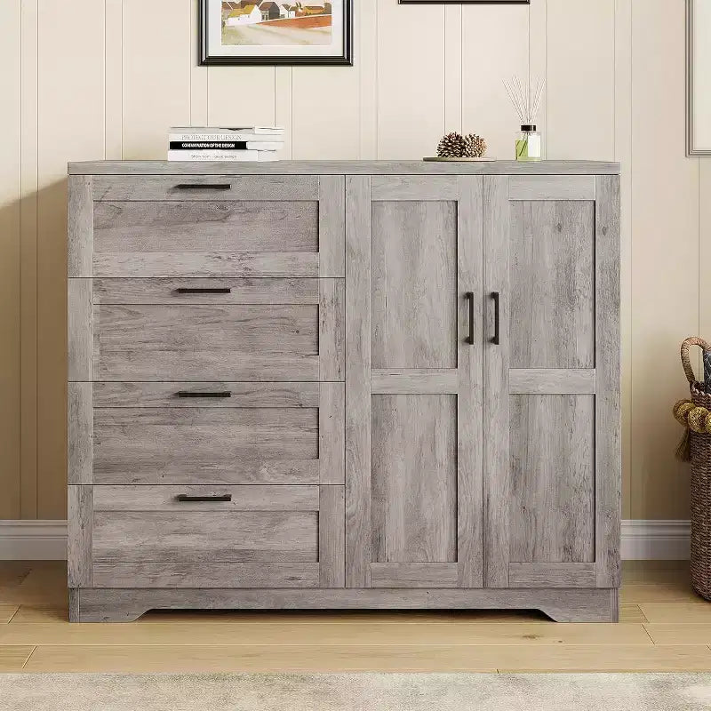 Armoire 2 portes, meuble de rangement avec 4 tiroirs et tringle à vêtements