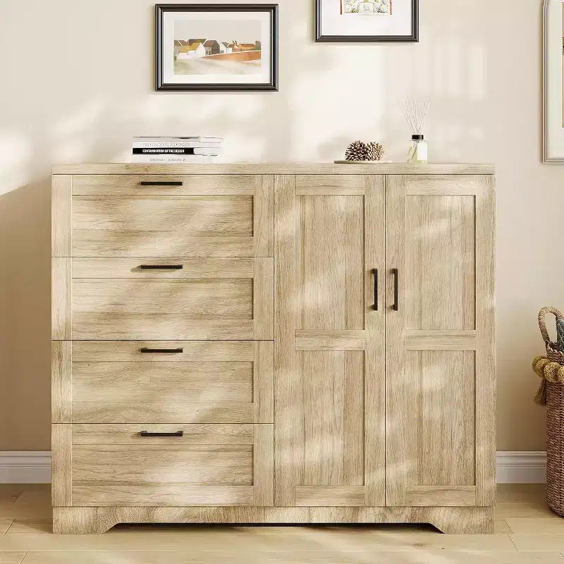Armoire 2 portes, meuble de rangement avec 4 tiroirs et tringle à vêtements