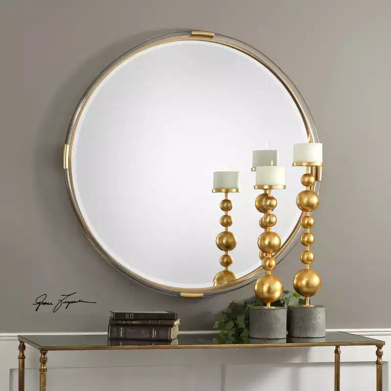 Miroir décoratif mural rond pour coiffeuse, doré métallisé biseauté, cadre en acrylique transparent, 95 cm de large pour salle de bain, chambre