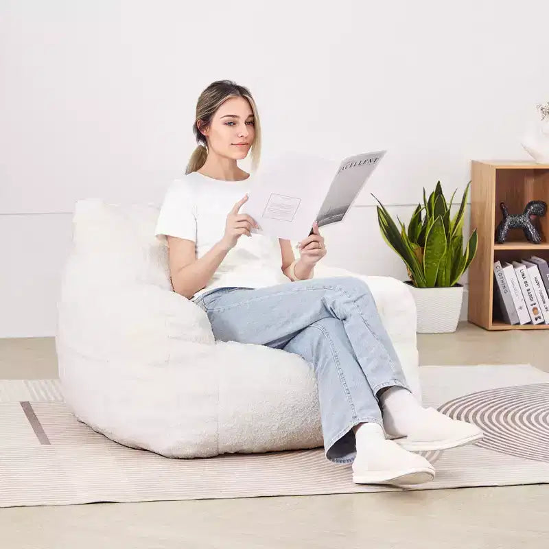 Fauteuil poire de 3 pieds avec accoudoirs doux et poche de rangement, mousse à mémoire de forme 25D, housse en velours Teddy, blanc