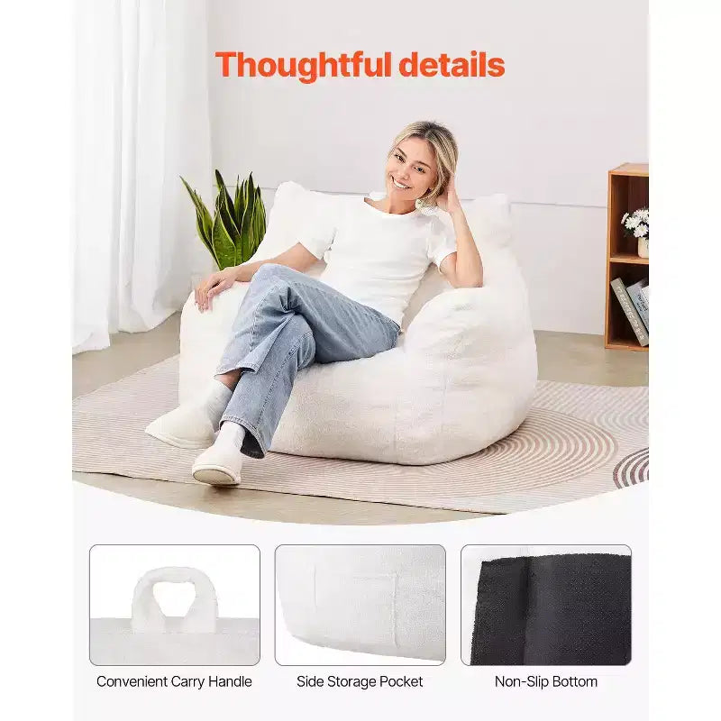 Fauteuil poire de 3 pieds avec accoudoirs doux et poche de rangement, mousse à mémoire de forme 25D, housse en velours Teddy, blanc