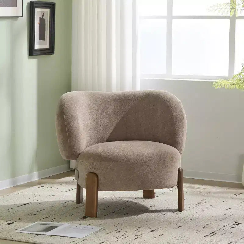 Fauteuil sans accoudoirs rembourré, style Mid-Century Moderne, cadre en bois massif, tissu bouclé/chenille