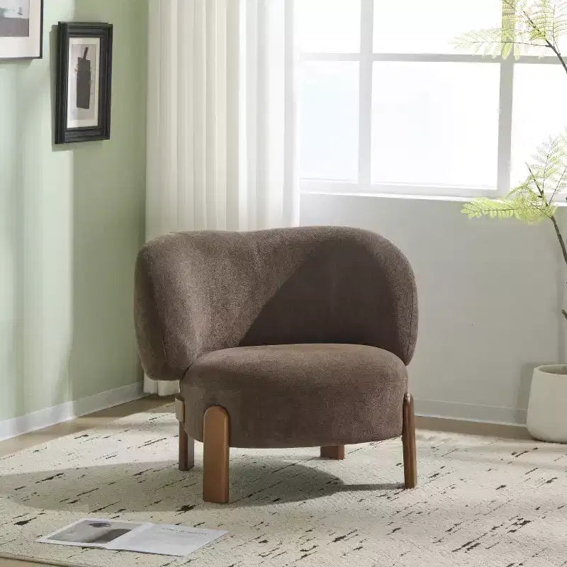 Fauteuil sans accoudoirs rembourré, style Mid-Century Moderne, cadre en bois massif, tissu bouclé/chenille
