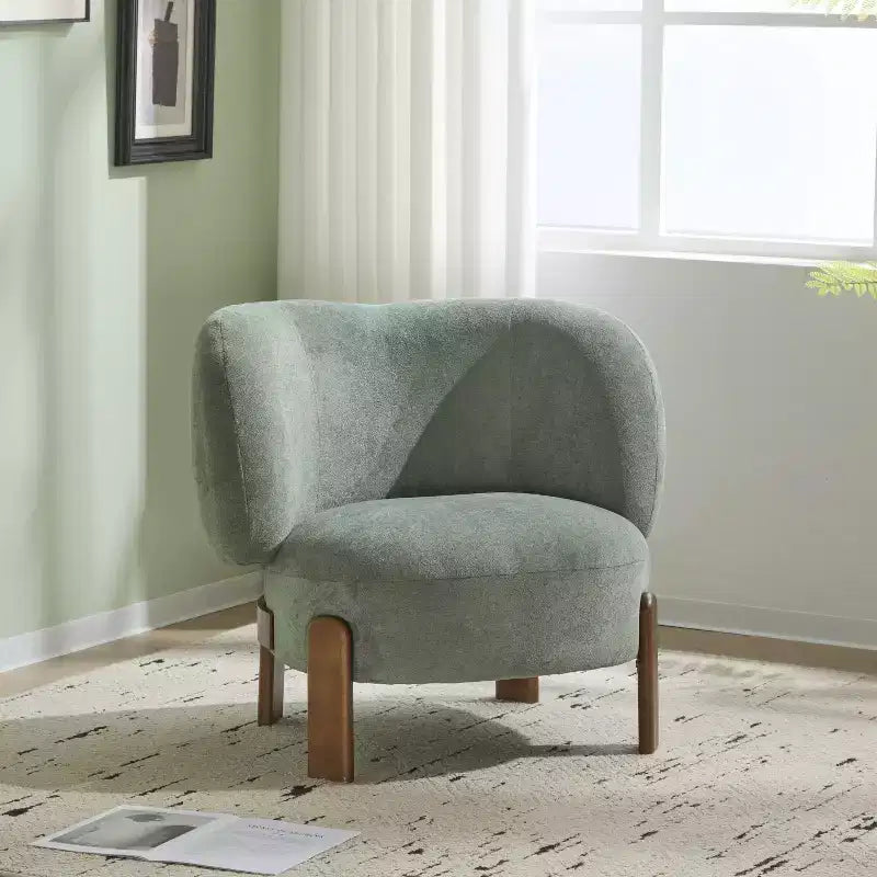 Fauteuil sans accoudoirs rembourré, style Mid-Century Moderne, cadre en bois massif, tissu bouclé/chenille